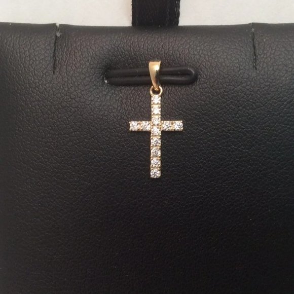 14K Real Yellow Gold Very small Cross Charm Pendant Cubic Zirconia Baby Children - Picture 1 of 7